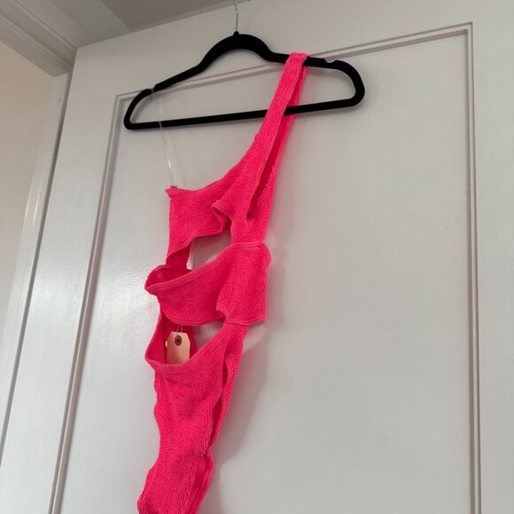 NWT Bond-Eye Rico Swimsuit Azalea Hot Pink One Piece Cut-out One Shoulder OS - Picture 7 of 8